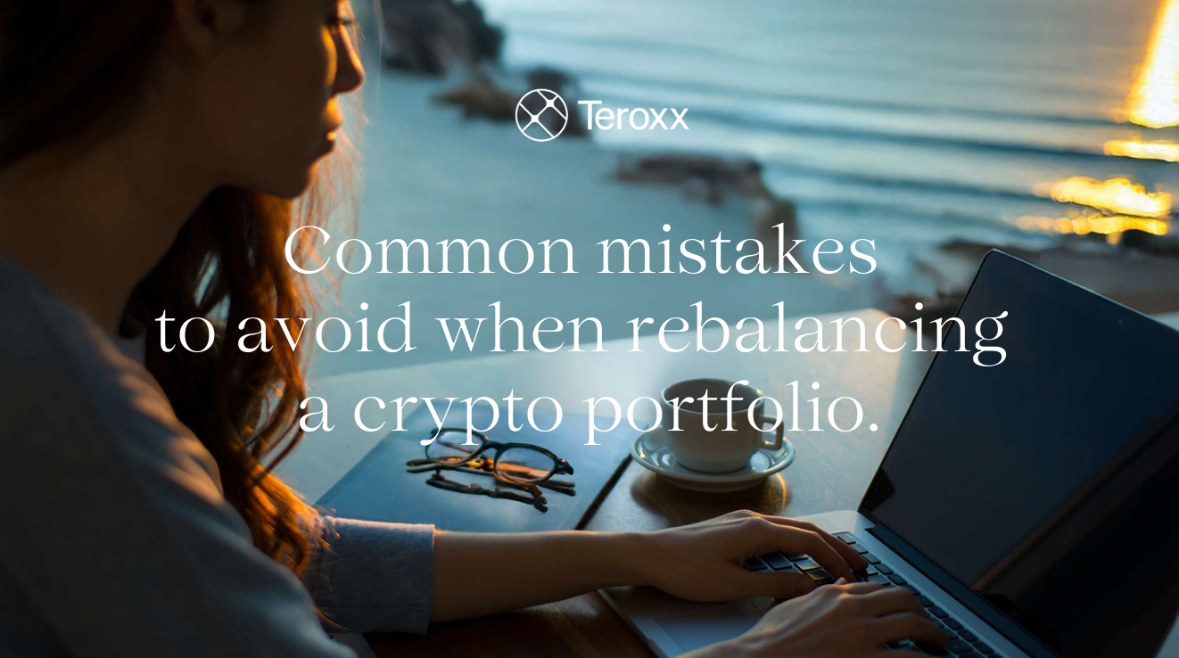 A woman working on a laptop by the sea at sunset with text overlay: "Common mistakes to avoid when rebalancing a crypto portfolio."