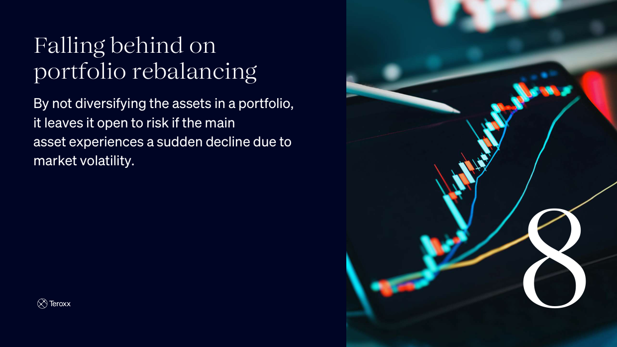 Scenic view of a coastline at sunset with text overlay: "Neglecting to keep detailed records – By not diversifying the assets in a portfolio, it leaves it open to risk if the main asset experiences a sudden decline due to market volatility."