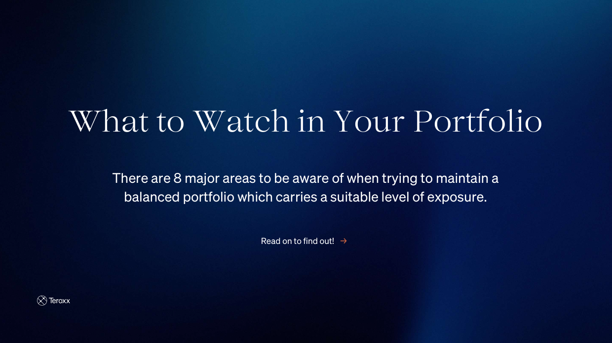 Slide with title "What to Watch in Your Portfolio" and subtitle "There are 8 major areas to be aware of when trying to maintain a balanced portfolio which carries a suitable level of exposure."