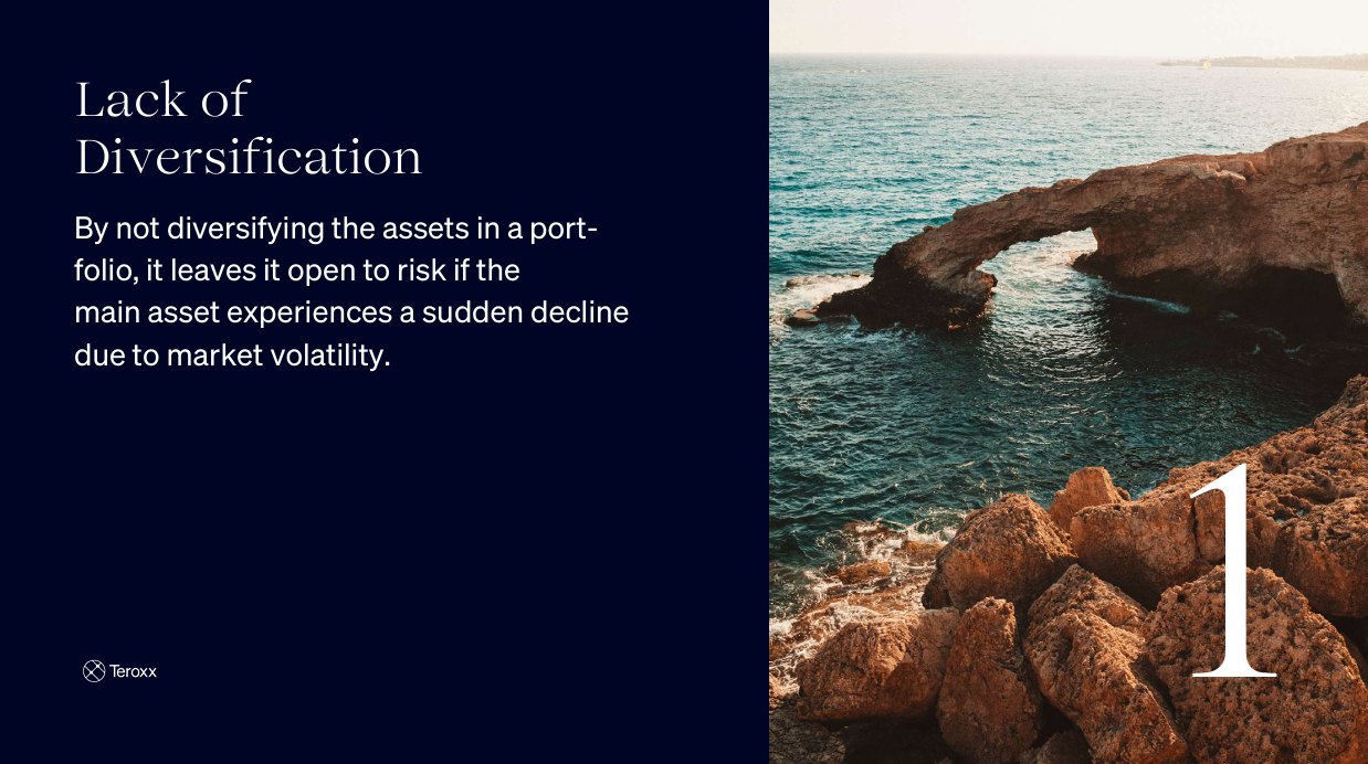 Coastal rock arch over the sea with text overlay: "Lack of Diversification – By not diversifying the assets in a portfolio, it leaves it open to risk if the main asset experiences a sudden decline due to market volatility."