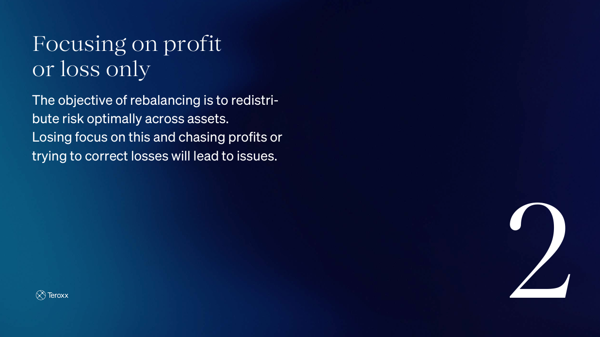 Slide titled "Focusing on profit or loss only" with text explaining that the objective of rebalancing is to redistribute risk optimally across assets, and that chasing profits or correcting losses can cause issues.