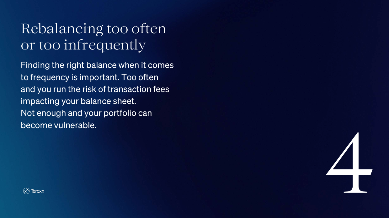Dark blue gradient background with text overlay: "Rebalancing too often or too infrequently – Finding the right balance when it comes to frequency is important… Not enough and your portfolio can become vulnerable."