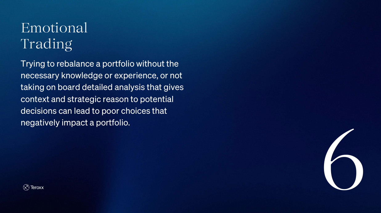 Dark blue background with text overlay: "Emotional Trading – Trying to rebalance a portfolio without the necessary knowledge or experience, or not taking on board detailed analysis… can lead to poor choices that negatively impact a portfolio."