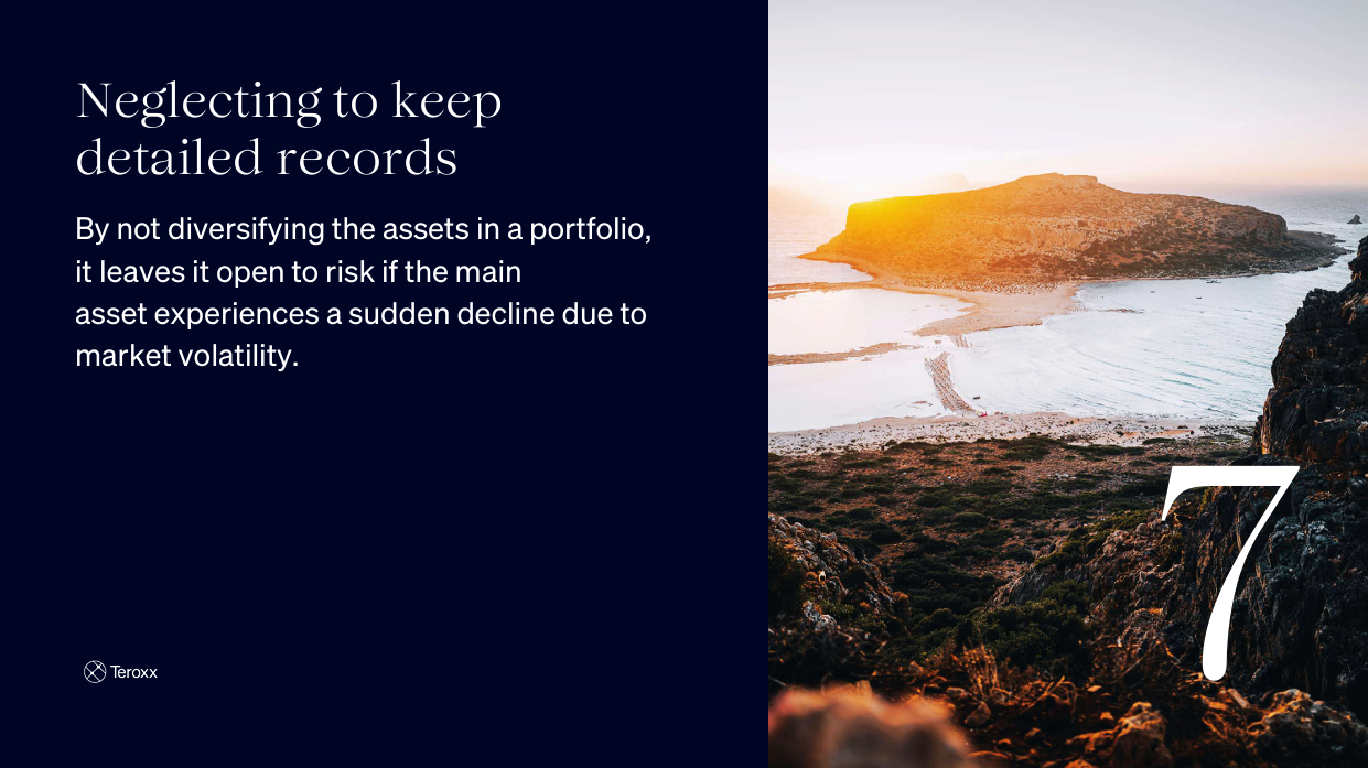 Scenic view of a coastline at sunset with text overlay: "Neglecting to keep detailed records – By not diversifying the assets in a portfolio, it leaves it open to risk if the main asset experiences a sudden decline due to market volatility."