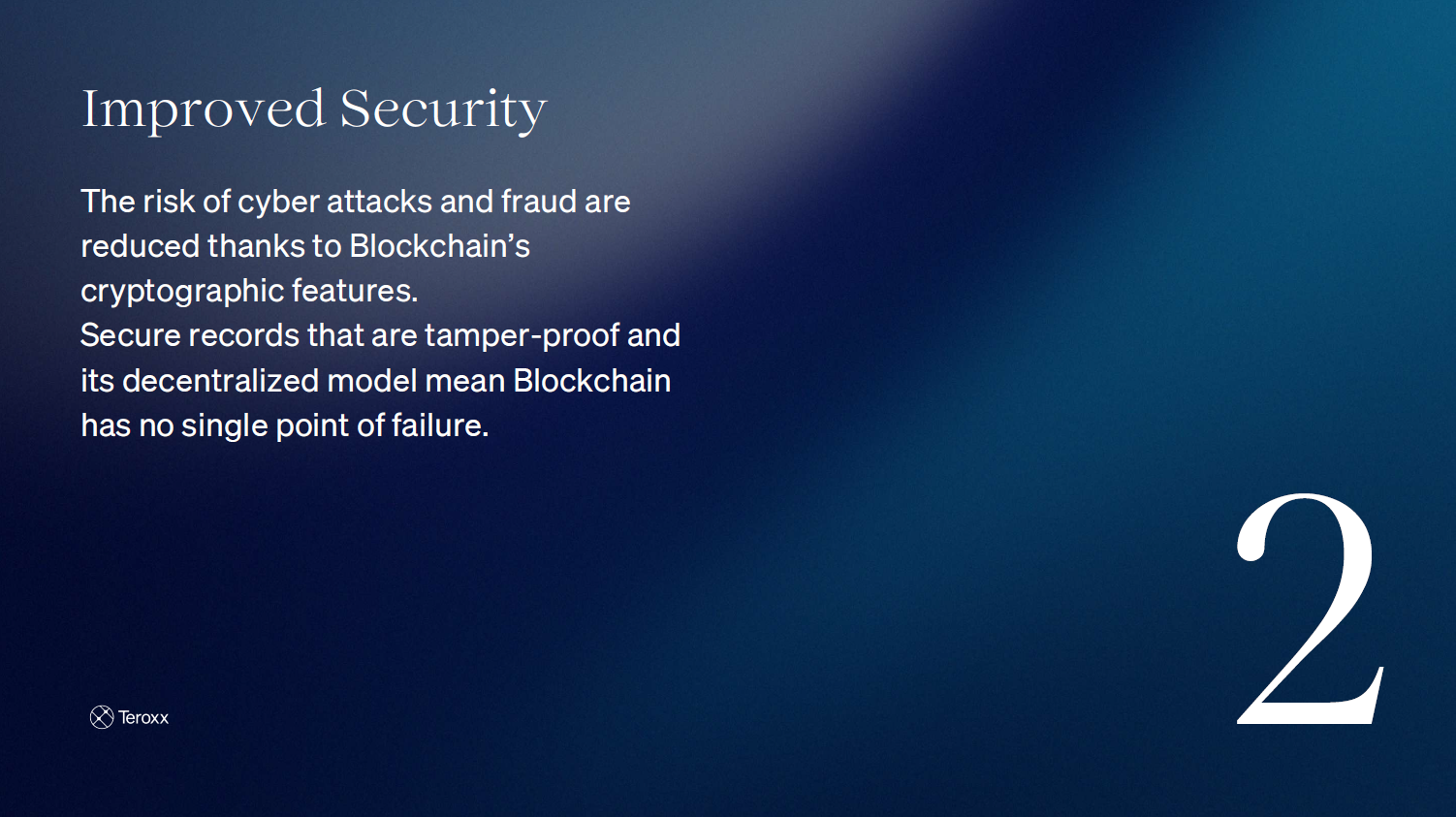 Slide titled “Improved Security” explaining Blockchain’s cryptographic protections, tamper-proof records, and decentralized resilience