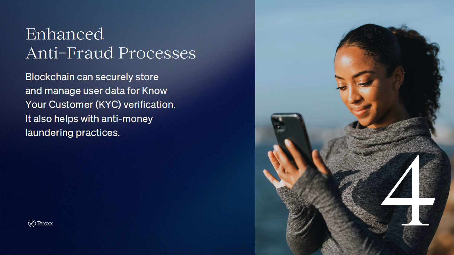 Slide titled “Enhanced Anti-Fraud Processes” with a woman using a smartphone, describing Blockchain’s secure KYC data storage and AML support