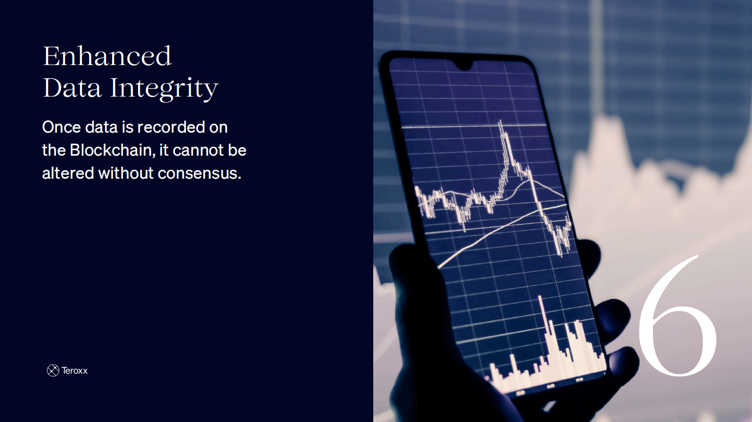 Slide titled “Enhanced Data Integrity” with an image of a phone showing financial charts, explaining Blockchain’s tamper-proof data recording