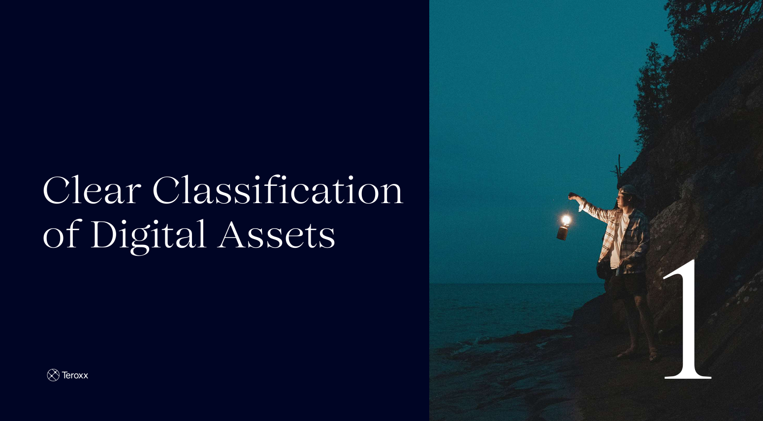 Split slide with text “Clear Classification of Digital Assets” on the left and image of a person holding a lantern near a cliffside at dusk on the right. Large number 1 is displayed.