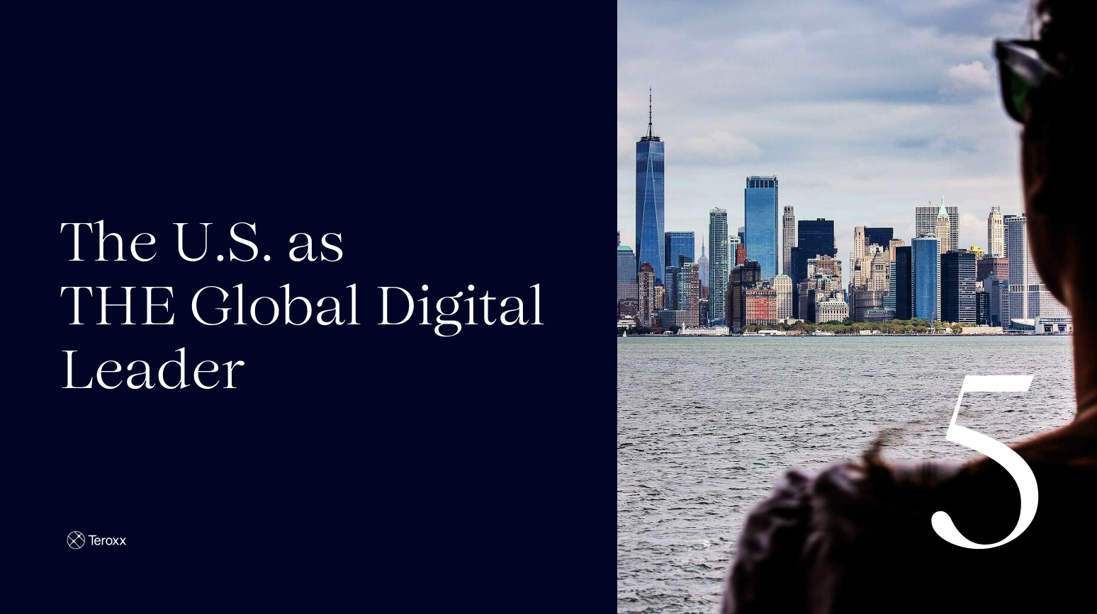 Split slide with text “The U.S. as THE Global Digital Leader” on the left and an image of New York City skyline viewed from across the water on the right. Large number 5 is displayed.