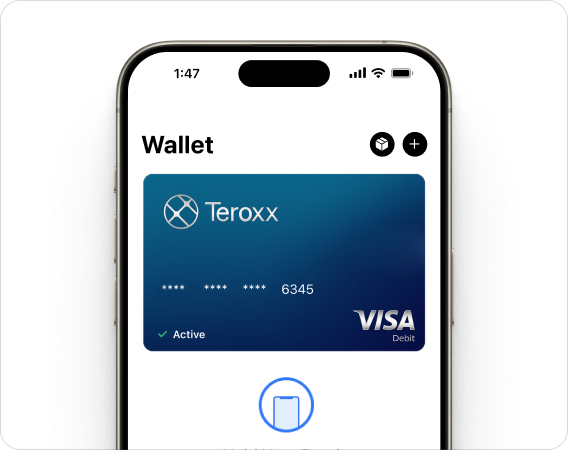 Smartphone screen displaying a digital wallet with a blue Teroxx Visa debit card.