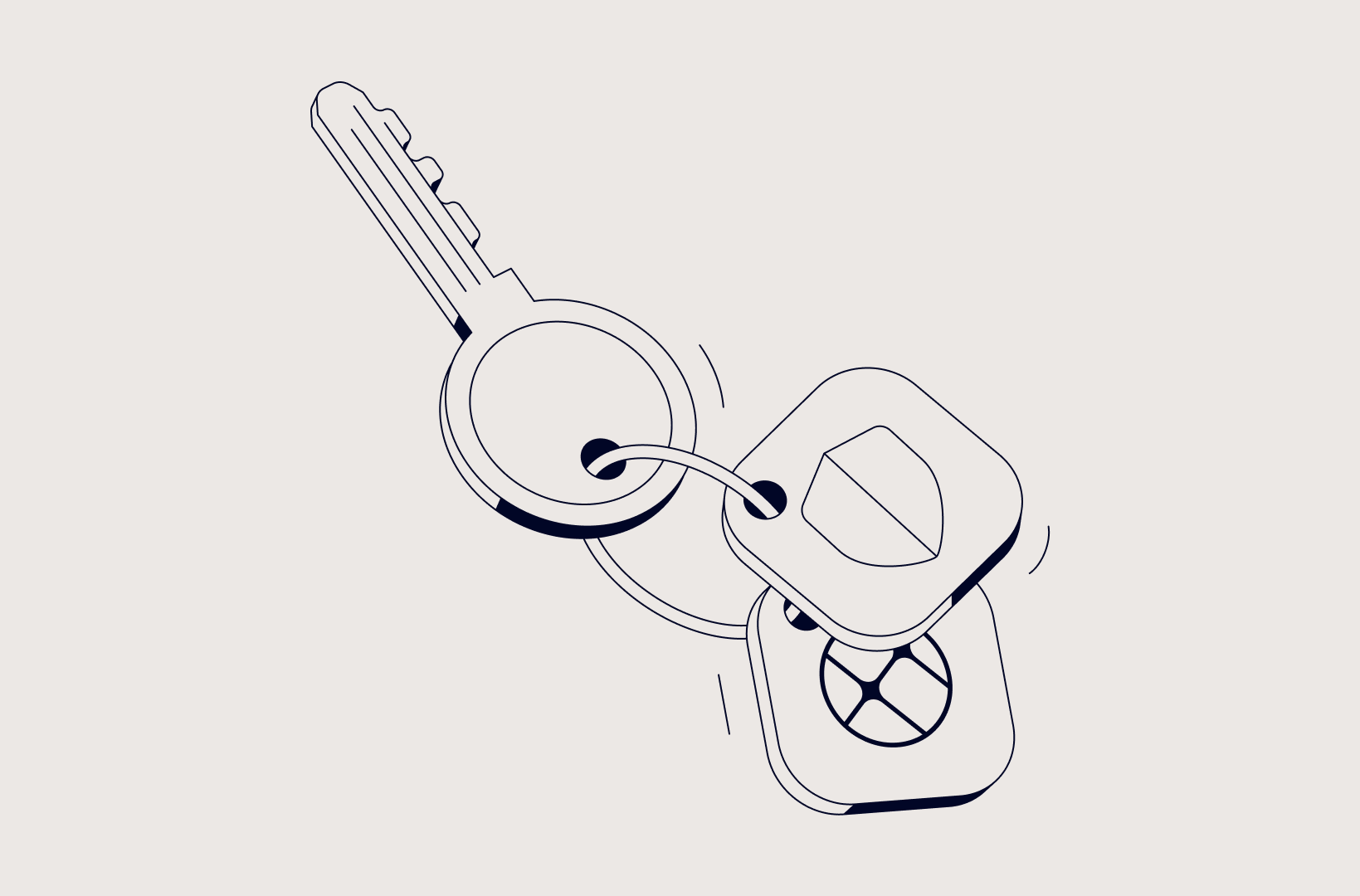 Vector illustration of a keyring with a key and two fobs, one showing a shield symbol and the other the Teroxx logo, symbolizing security.