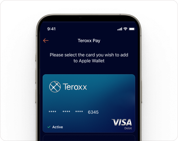 iPhone screen prompting user to select a Teroxx Visa card to add to Apple Wallet