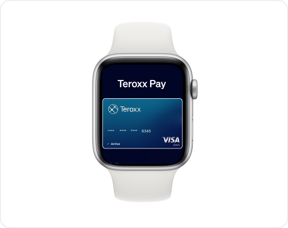 Apple Watch showing Teroxx Pay with an active Teroxx Visa debit card