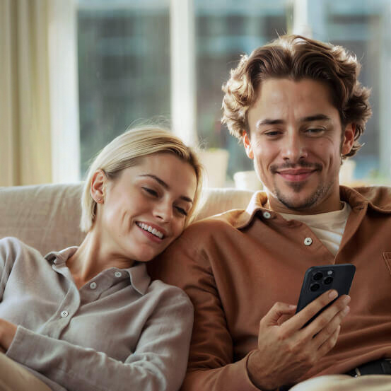 A smiling couple relaxes on a couch, with the man holding a smartphone and the woman leaning on his shoulder, surrounded by soft natural light.