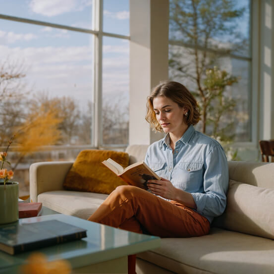 A woman sitting on a beige sofa in a sunlit living room, reading a book. She is wearing a light blue denim shirt and rust-colored pants. Large windows behind her reveal a view of trees and a clear sky.