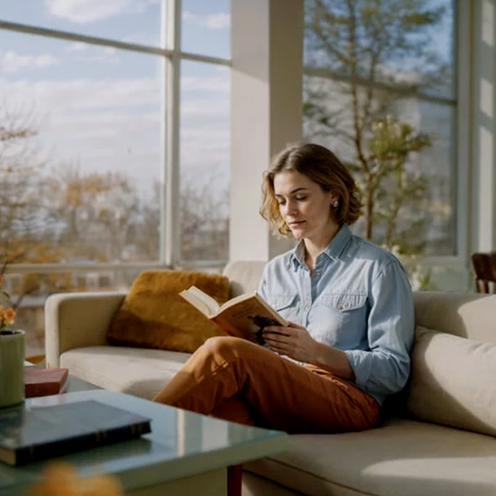 A woman sitting on a beige sofa in a sunlit living room, reading a book. She is wearing a light blue denim shirt and rust-colored pants. Large windows behind her reveal a view of trees and a clear sky.