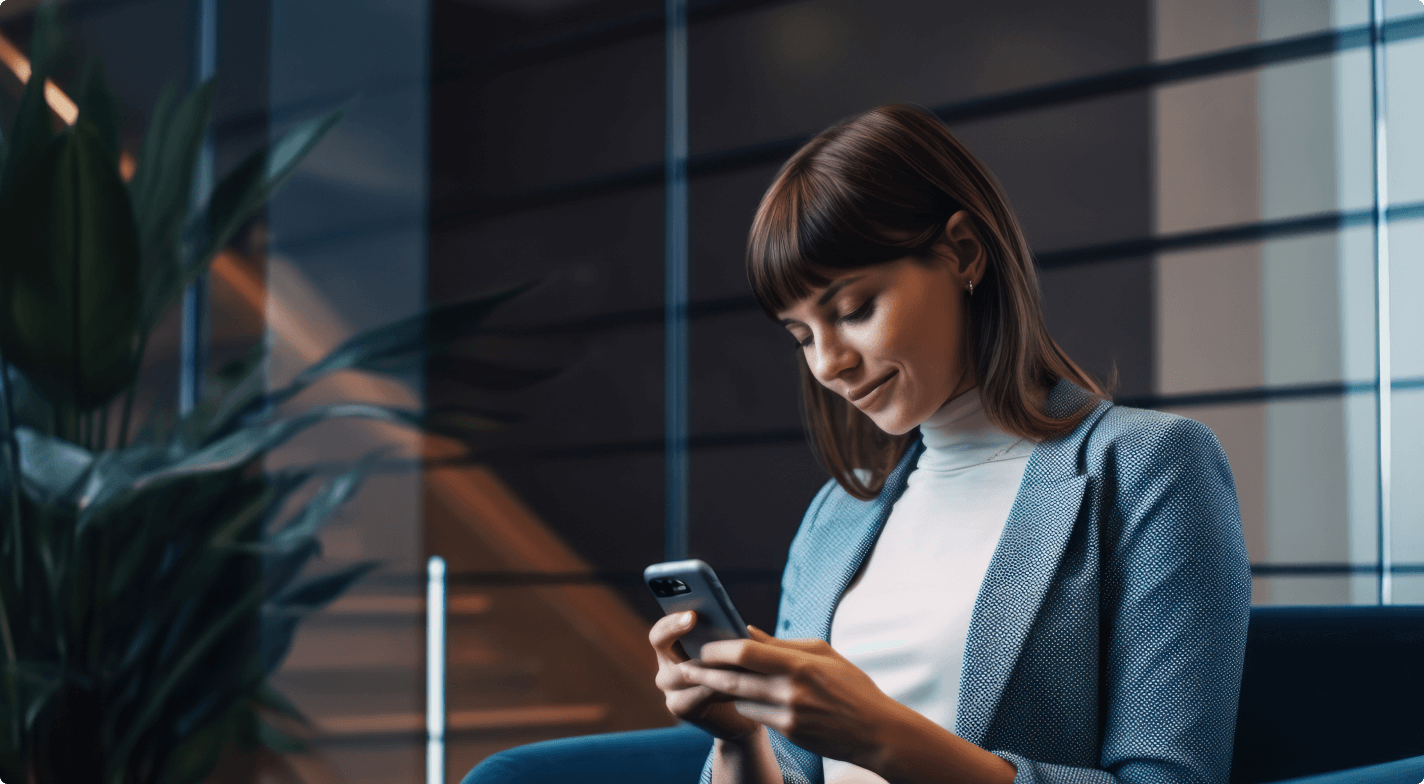 A woman in a light blue blazer and white turtleneck smiles while looking at her smartphone, sitting in a modern interior with a relaxed atmosphere.